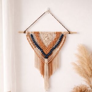 Handwoven Macramé Wall Tapestry in Cream, Tan & Blue